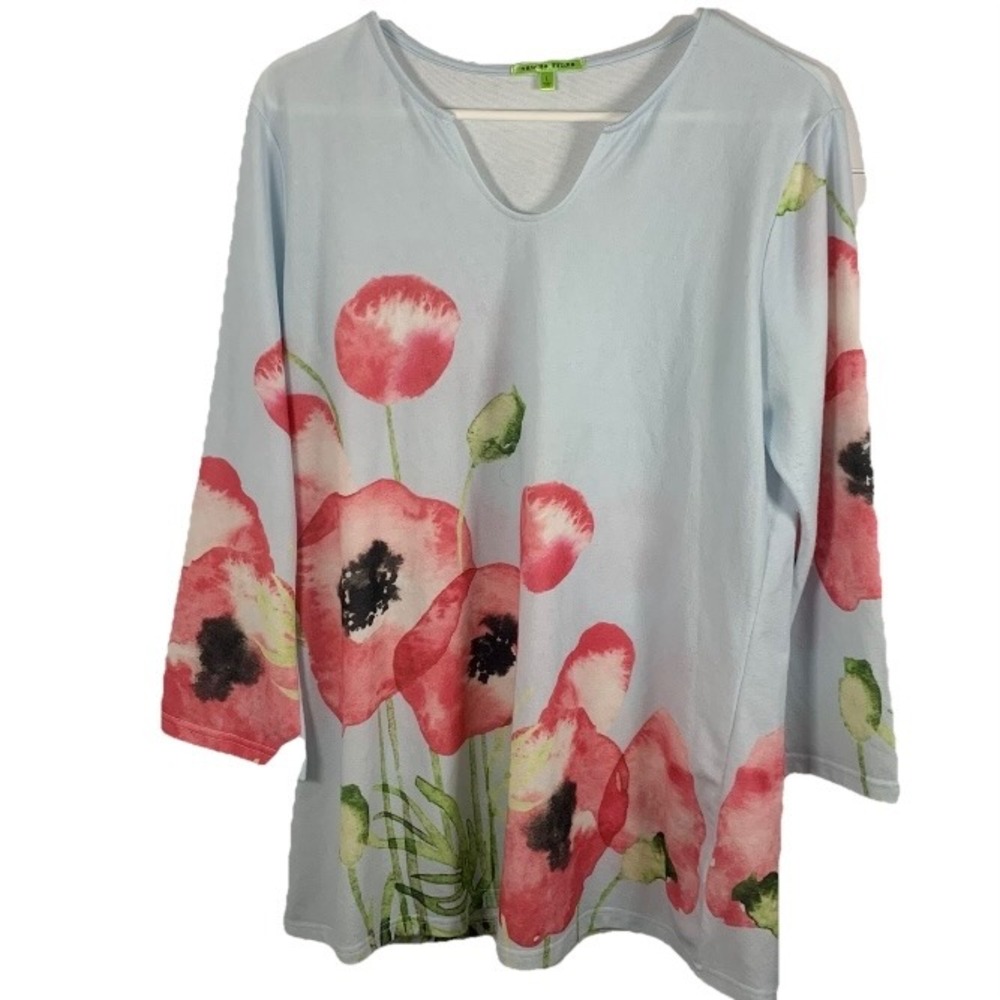 Trisha Tyler Women's Floral Poppy Print Top Blue Tunic Size L Lagenlook No Iron